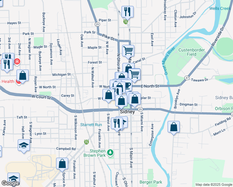 map of restaurants, bars, coffee shops, grocery stores, and more near 123 West Poplar Street in Sidney