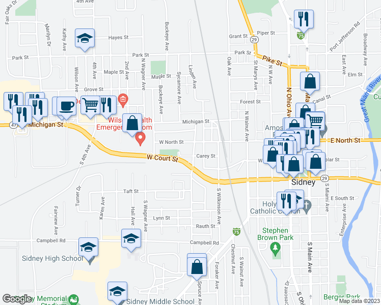 map of restaurants, bars, coffee shops, grocery stores, and more near 109 North Highland Avenue in Sidney