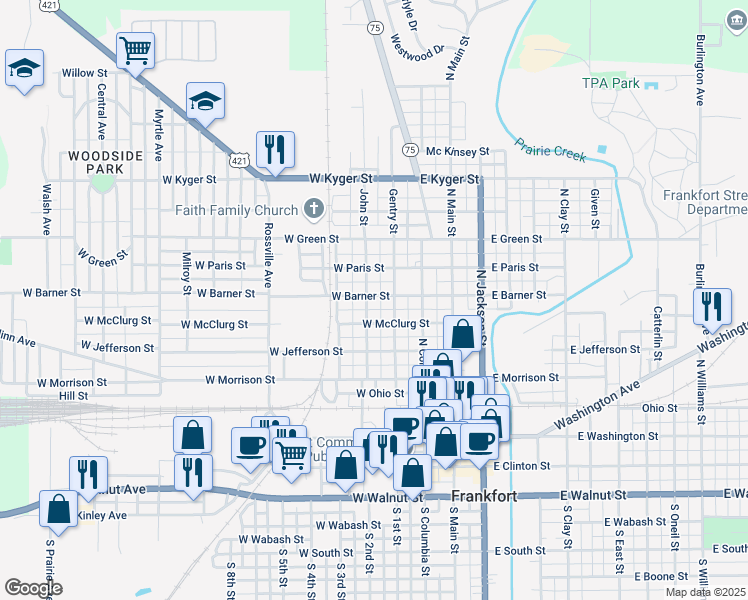 map of restaurants, bars, coffee shops, grocery stores, and more near 356 West Mc Clurg Street in Frankfort
