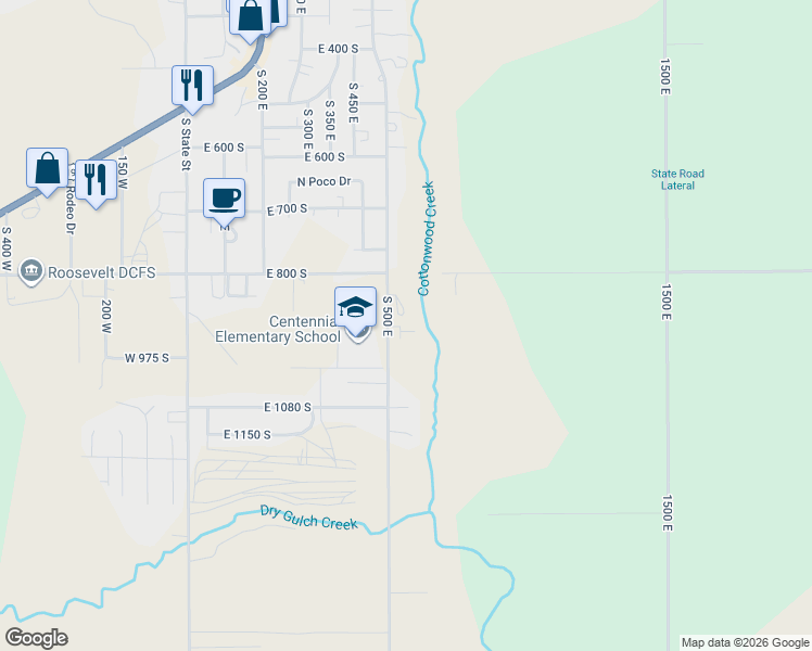 map of restaurants, bars, coffee shops, grocery stores, and more near 920 South 500 East in Roosevelt