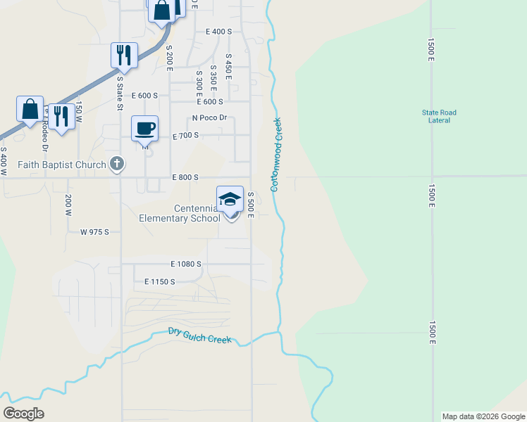 map of restaurants, bars, coffee shops, grocery stores, and more near 920 South 500 East in Roosevelt
