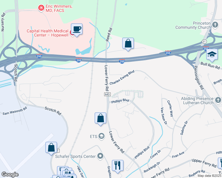 map of restaurants, bars, coffee shops, grocery stores, and more near 1508 Lower Ferry Road in Ewing Township