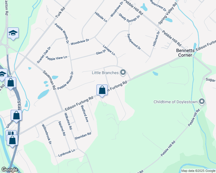 map of restaurants, bars, coffee shops, grocery stores, and more near 16 Northwoods Lane in Doylestown