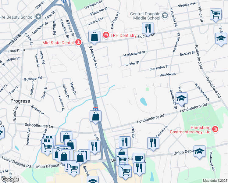 map of restaurants, bars, coffee shops, grocery stores, and more near 4211 Sussex Drive in Harrisburg