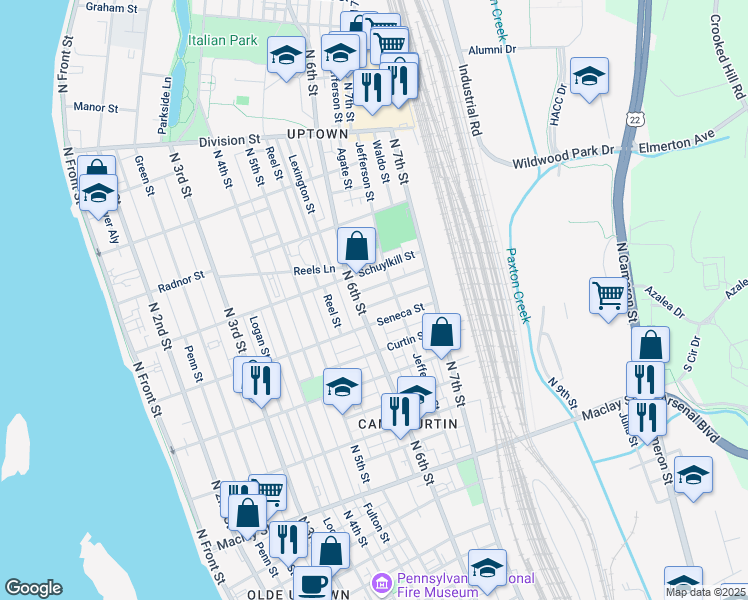 map of restaurants, bars, coffee shops, grocery stores, and more near 614 Ross Street in Harrisburg