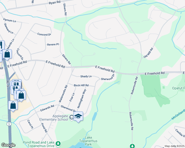 map of restaurants, bars, coffee shops, grocery stores, and more near 50 Shady Lane in Freehold