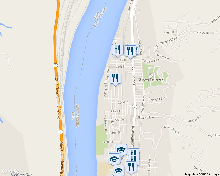 map of restaurants, bars, coffee shops, grocery stores, and more near 2241 Main Street in Wellsburg