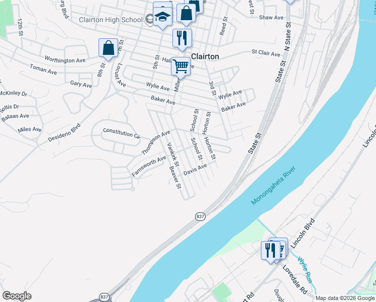 map of restaurants, bars, coffee shops, grocery stores, and more near 869 School Street in Clairton