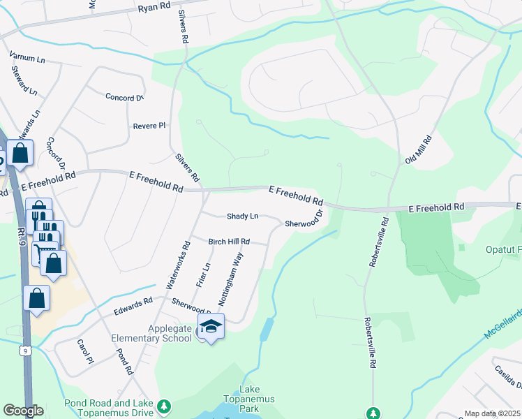 map of restaurants, bars, coffee shops, grocery stores, and more near 50 Shady Lane in Freehold