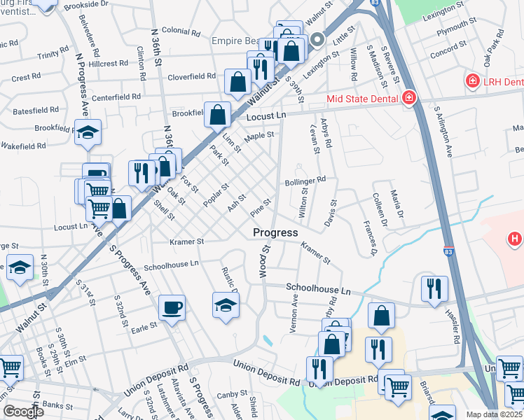map of restaurants, bars, coffee shops, grocery stores, and more near in Progress