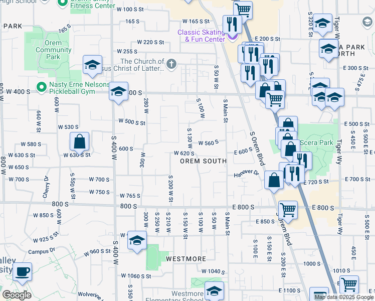 map of restaurants, bars, coffee shops, grocery stores, and more near 588 South 130 West in Orem