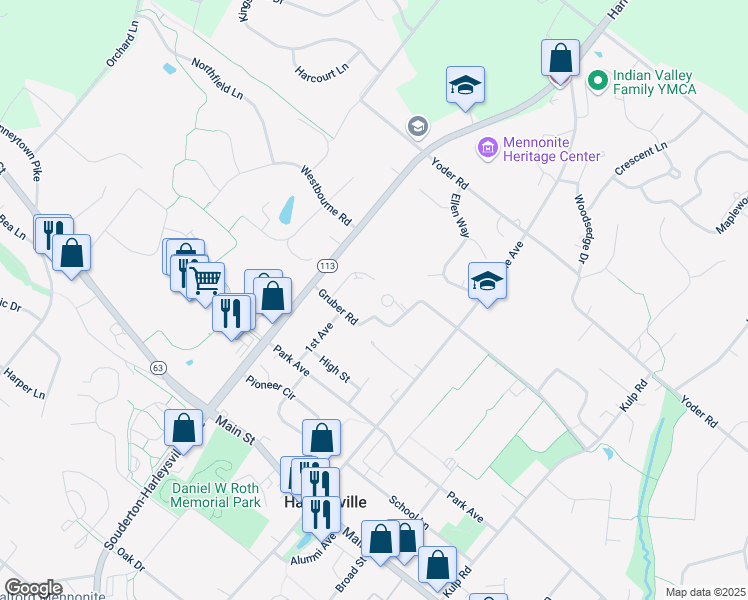 map of restaurants, bars, coffee shops, grocery stores, and more near 553 Berkley Place in Harleysville