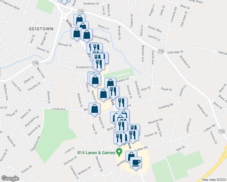 map of restaurants, bars, coffee shops, grocery stores, and more near 913 Old Scalp Avenue in Johnstown