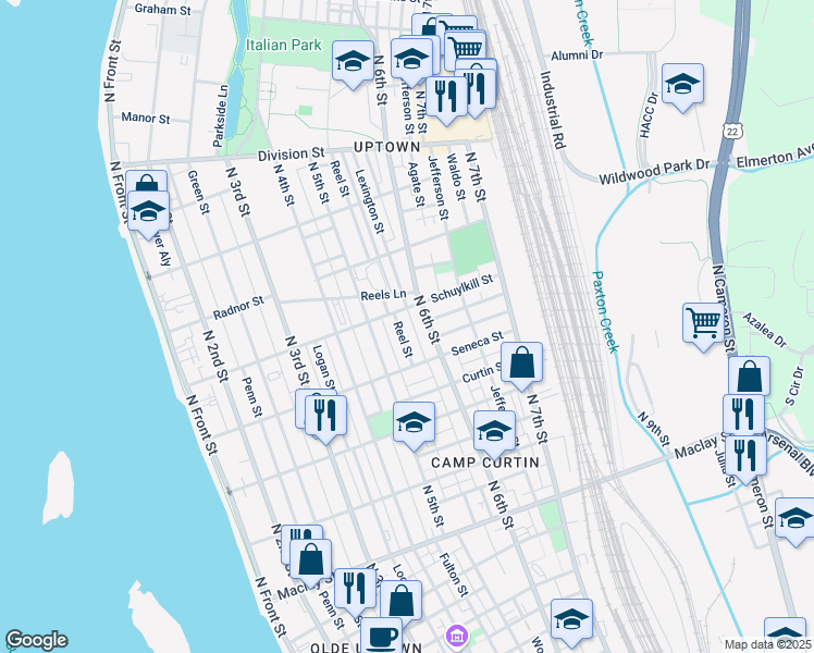 map of restaurants, bars, coffee shops, grocery stores, and more near 2453 Reel Street in Harrisburg