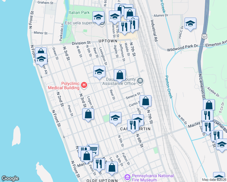 map of restaurants, bars, coffee shops, grocery stores, and more near 2422 Reel Street in Harrisburg
