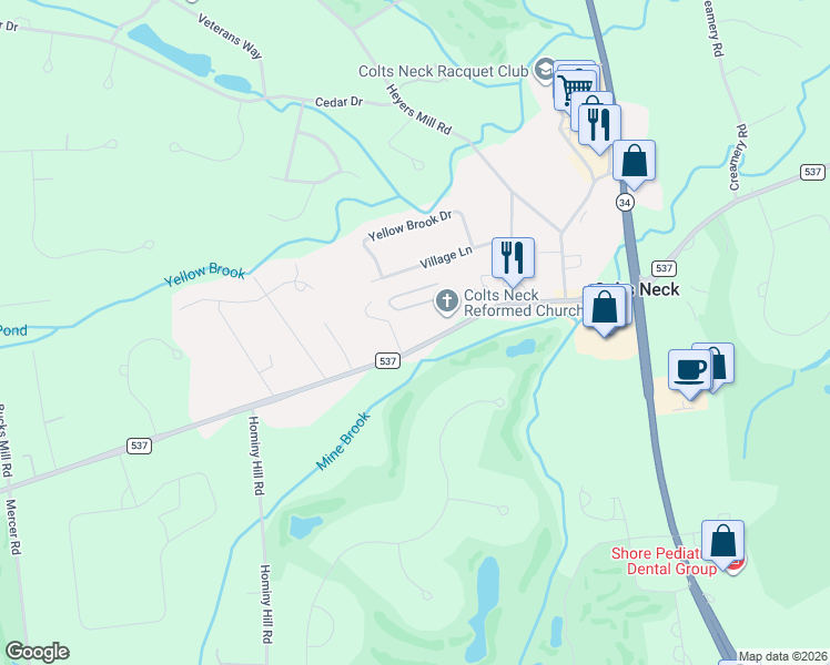 map of restaurants, bars, coffee shops, grocery stores, and more near 130 County Road 537 in Monmouth County