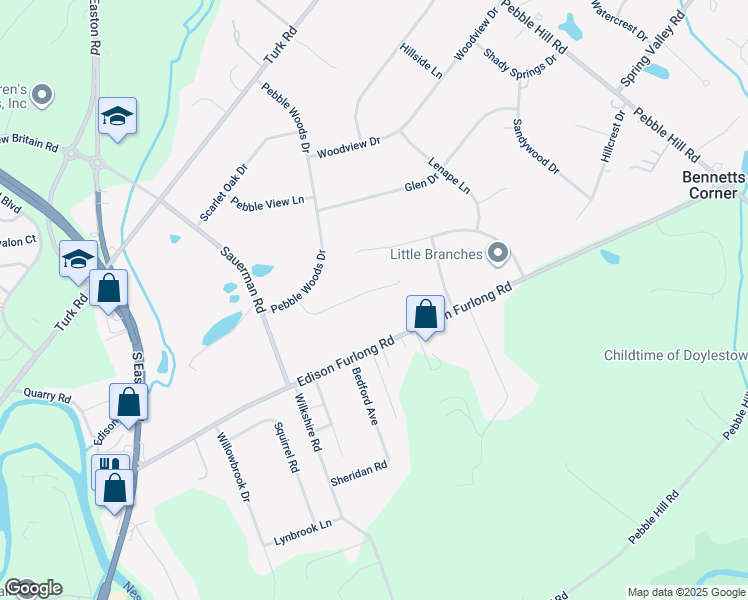 map of restaurants, bars, coffee shops, grocery stores, and more near 53 Southwoods Lane in Doylestown