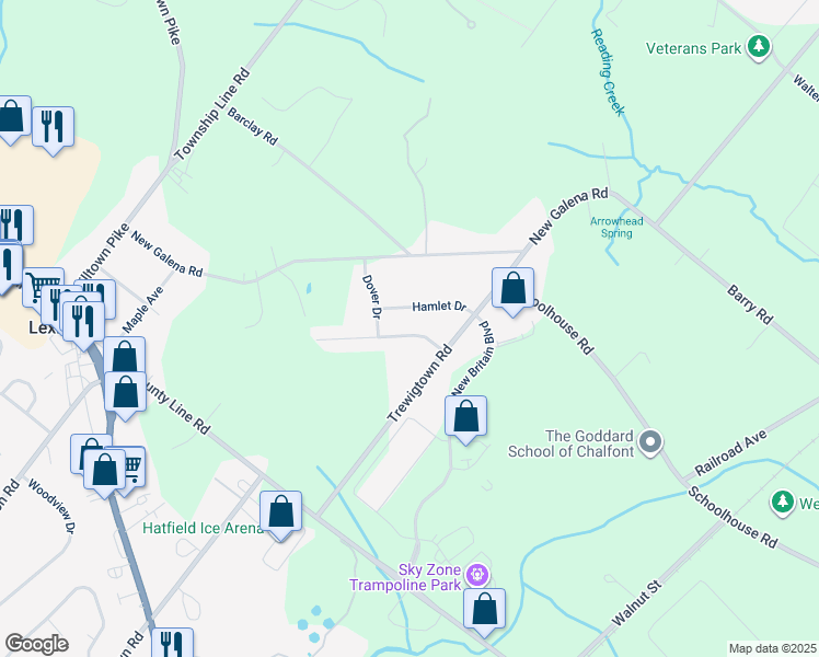 map of restaurants, bars, coffee shops, grocery stores, and more near 302 Village Way in Chalfont