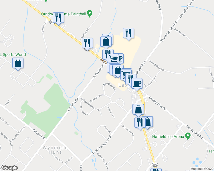 map of restaurants, bars, coffee shops, grocery stores, and more near 1380 Needham Circle in Hatfield