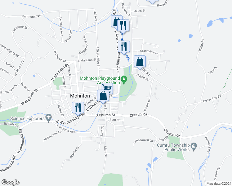 map of restaurants, bars, coffee shops, grocery stores, and more near 33 Front Street in Mohnton