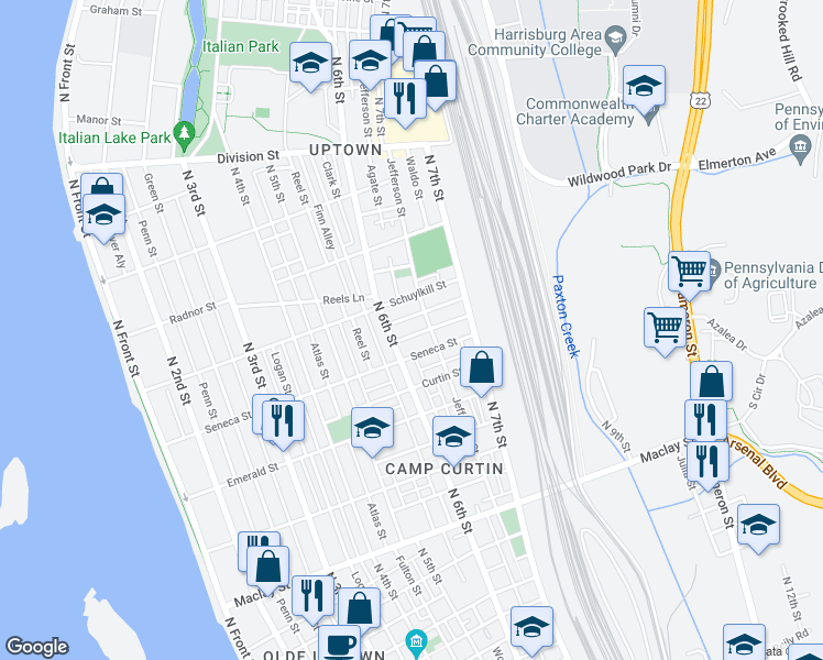 map of restaurants, bars, coffee shops, grocery stores, and more near 622 Ross Street in Harrisburg