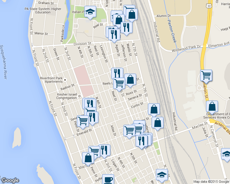 map of restaurants, bars, coffee shops, grocery stores, and more near 2422 Reel Street in Harrisburg