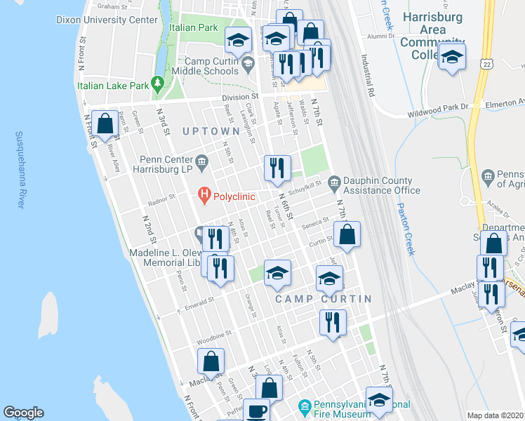 map of restaurants, bars, coffee shops, grocery stores, and more near 2422 Reel Street in Harrisburg