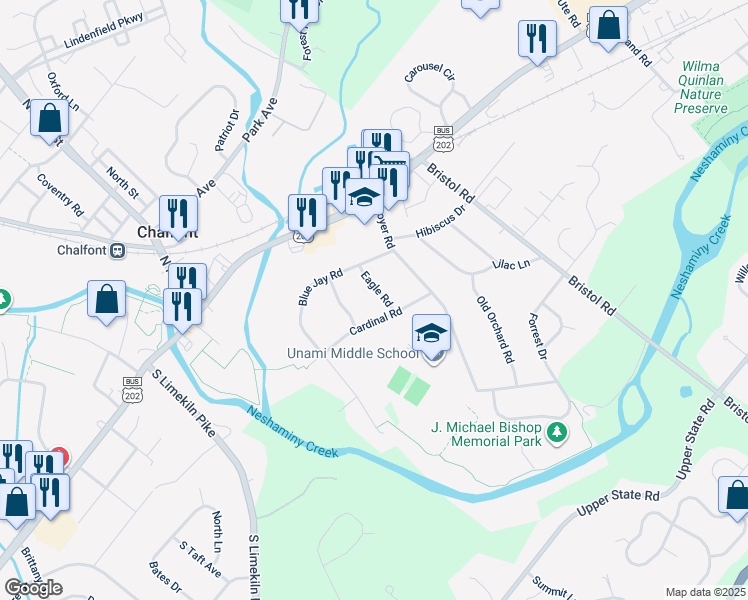 map of restaurants, bars, coffee shops, grocery stores, and more near 58 Eagle Road in Chalfont