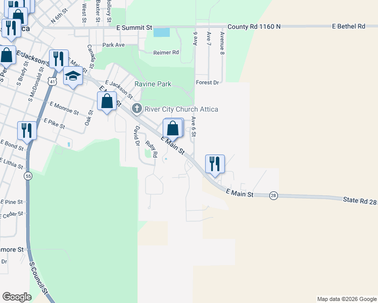 map of restaurants, bars, coffee shops, grocery stores, and more near 1201 East Main Street in Attica