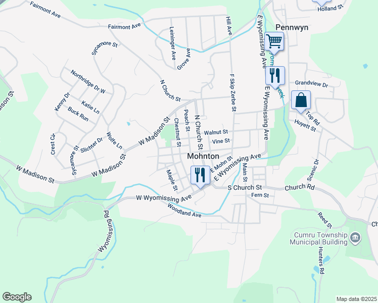 map of restaurants, bars, coffee shops, grocery stores, and more near 21 West Summit Street in Mohnton
