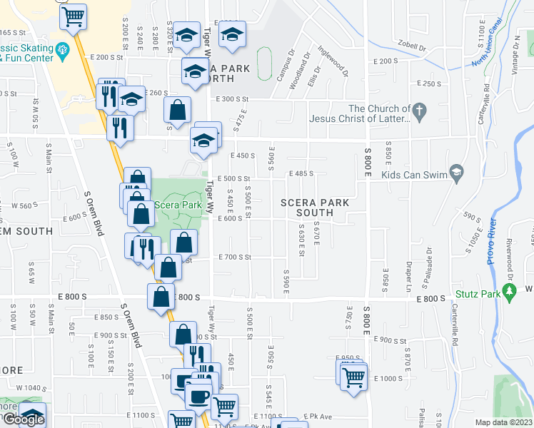map of restaurants, bars, coffee shops, grocery stores, and more near 551 East 600 South in Orem