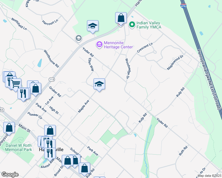 map of restaurants, bars, coffee shops, grocery stores, and more near 130 Maple Avenue in Harleysville