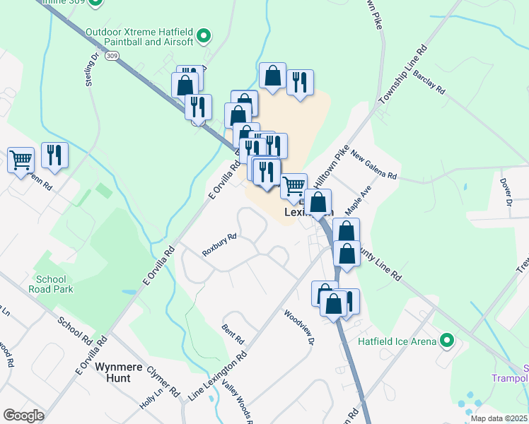 map of restaurants, bars, coffee shops, grocery stores, and more near 1323 Needham Circle in Hatfield
