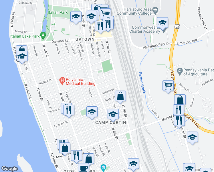 map of restaurants, bars, coffee shops, grocery stores, and more near 639 Ross Street in Harrisburg