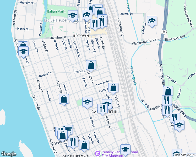 map of restaurants, bars, coffee shops, grocery stores, and more near 630 Ross Street in Harrisburg