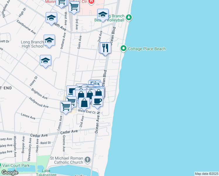 map of restaurants, bars, coffee shops, grocery stores, and more near 34 Bonforte Road in Long Branch