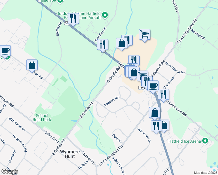 map of restaurants, bars, coffee shops, grocery stores, and more near 3329 East Orvilla Road in Hatfield