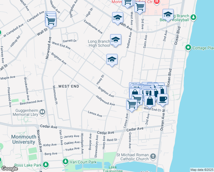 map of restaurants, bars, coffee shops, grocery stores, and more near 519 Hoey Street in Long Branch