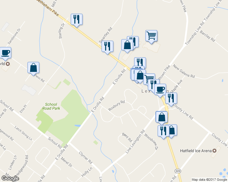 map of restaurants, bars, coffee shops, grocery stores, and more near 3321 East Orvilla Road in Hatfield