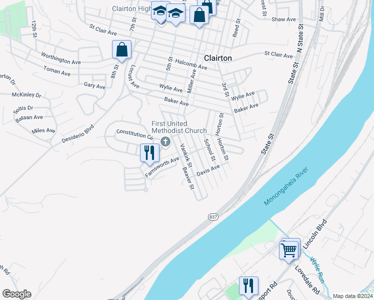 map of restaurants, bars, coffee shops, grocery stores, and more near 811 Miller Avenue in Clairton