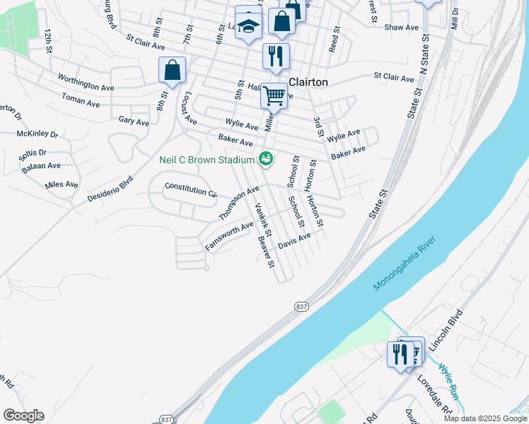 map of restaurants, bars, coffee shops, grocery stores, and more near 832 Vankirk Street in Clairton