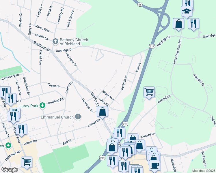 map of restaurants, bars, coffee shops, grocery stores, and more near 201-299 Rean Street in Johnstown