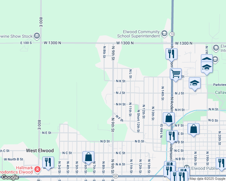 map of restaurants, bars, coffee shops, grocery stores, and more near 1007 North 9th Street in Elwood