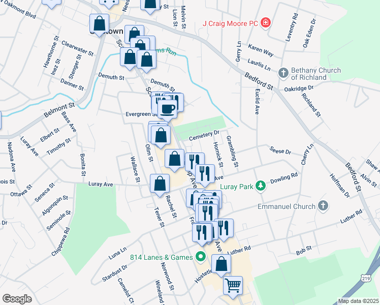 map of restaurants, bars, coffee shops, grocery stores, and more near 911 Old Scalp Avenue in Johnstown