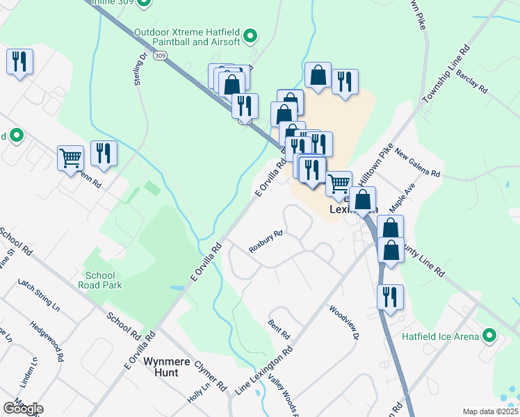 map of restaurants, bars, coffee shops, grocery stores, and more near 3321 East Orvilla Road in Hatfield