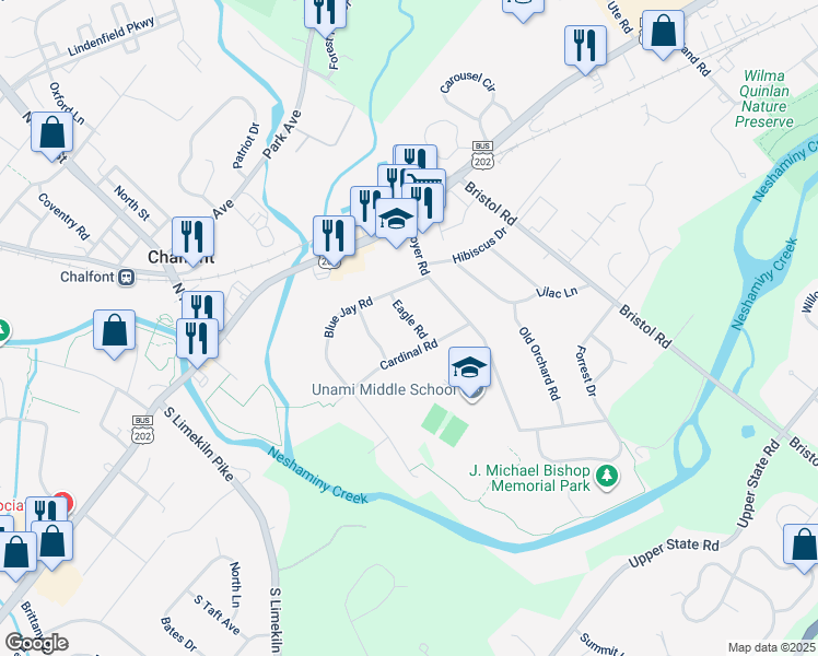 map of restaurants, bars, coffee shops, grocery stores, and more near 58 Eagle Road in Chalfont