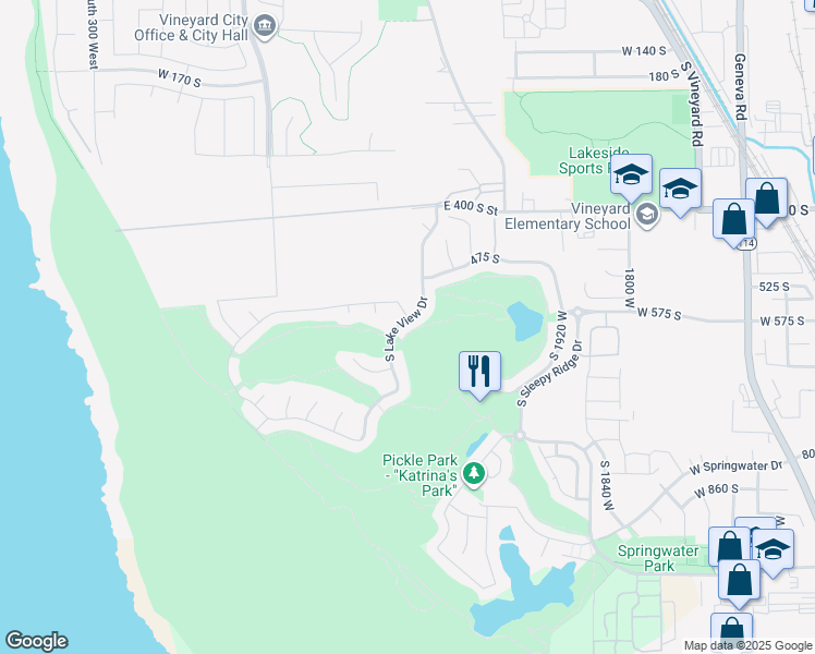 map of restaurants, bars, coffee shops, grocery stores, and more near 583 South Lake View Drive in Vineyard