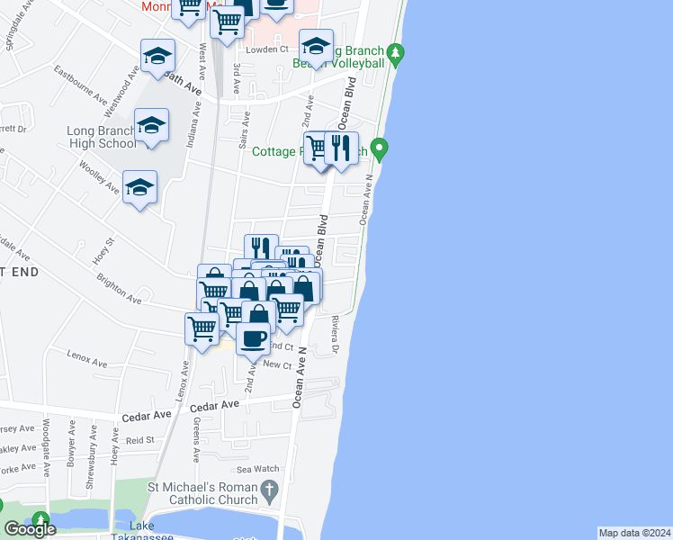 map of restaurants, bars, coffee shops, grocery stores, and more near 34 Bonforte Road in Long Branch