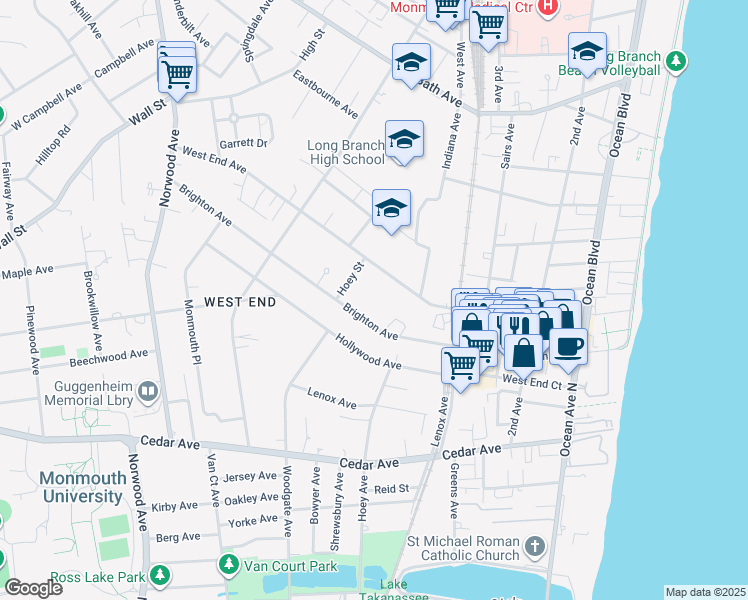map of restaurants, bars, coffee shops, grocery stores, and more near 519 Hoey Street in Long Branch