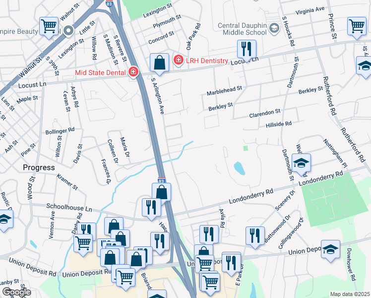 map of restaurants, bars, coffee shops, grocery stores, and more near 4214 Ridge Drive in Harrisburg